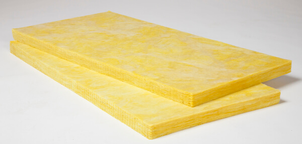 Two rectangular sheets of yellow fiberglass board insulation