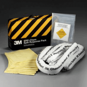 3M™ black and yellow Chemical Response kit packaging with contents including mini booms and pads.
