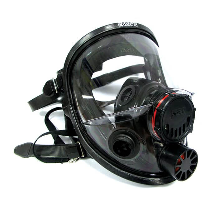 A black respirator mask with a clear front and two straps to attach around the head.