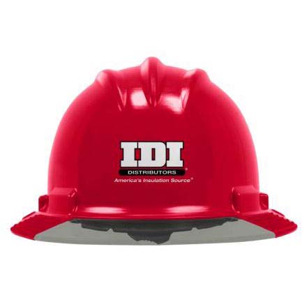 Red protective hard hat with IDI logo