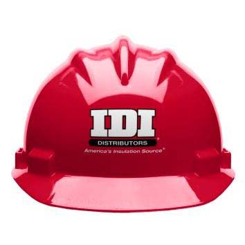 A red hard hat with IDI Distributors America's Insulation Source on the front.
