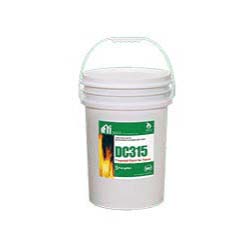 White 5 gallon pail with lid and handle, and a green and white label that says DC315.
