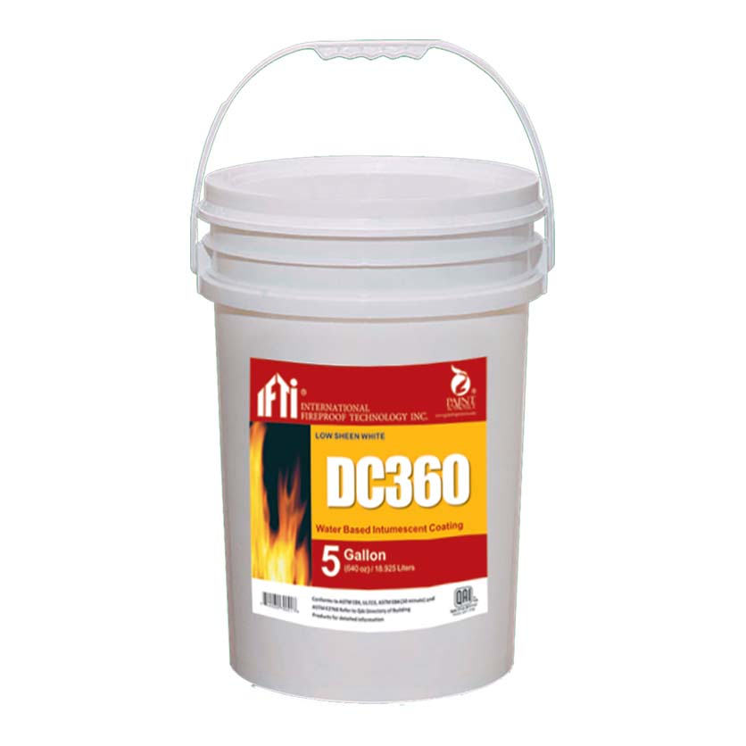 White 5 gallon pail with lid and handle, and a red and yellow label that says DC360.