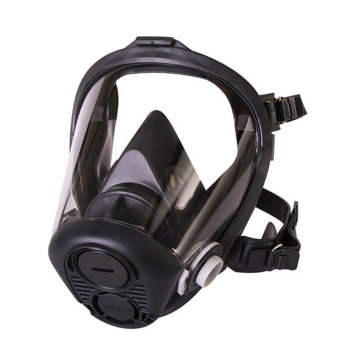 A black respirator mask with a clear face shield.