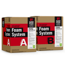 Two cardboard boxes containing spray foam insulation kit marked with large A and B