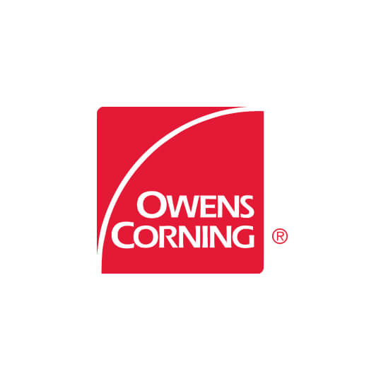 Red and white logo that says Owens Corning under a quarter-circle outline.