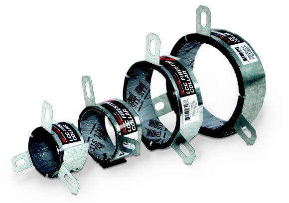 Series of 4 intumescent firestopping collars displayed from smallest to largest