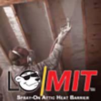 Man installing spray foam insulation with the LOMIT logo over it