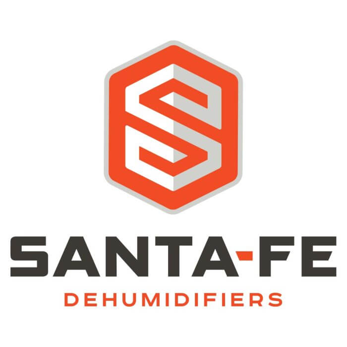 Logo of an artistic S in white and gray in an orange background. Sante-Fe Dehumidifiers.