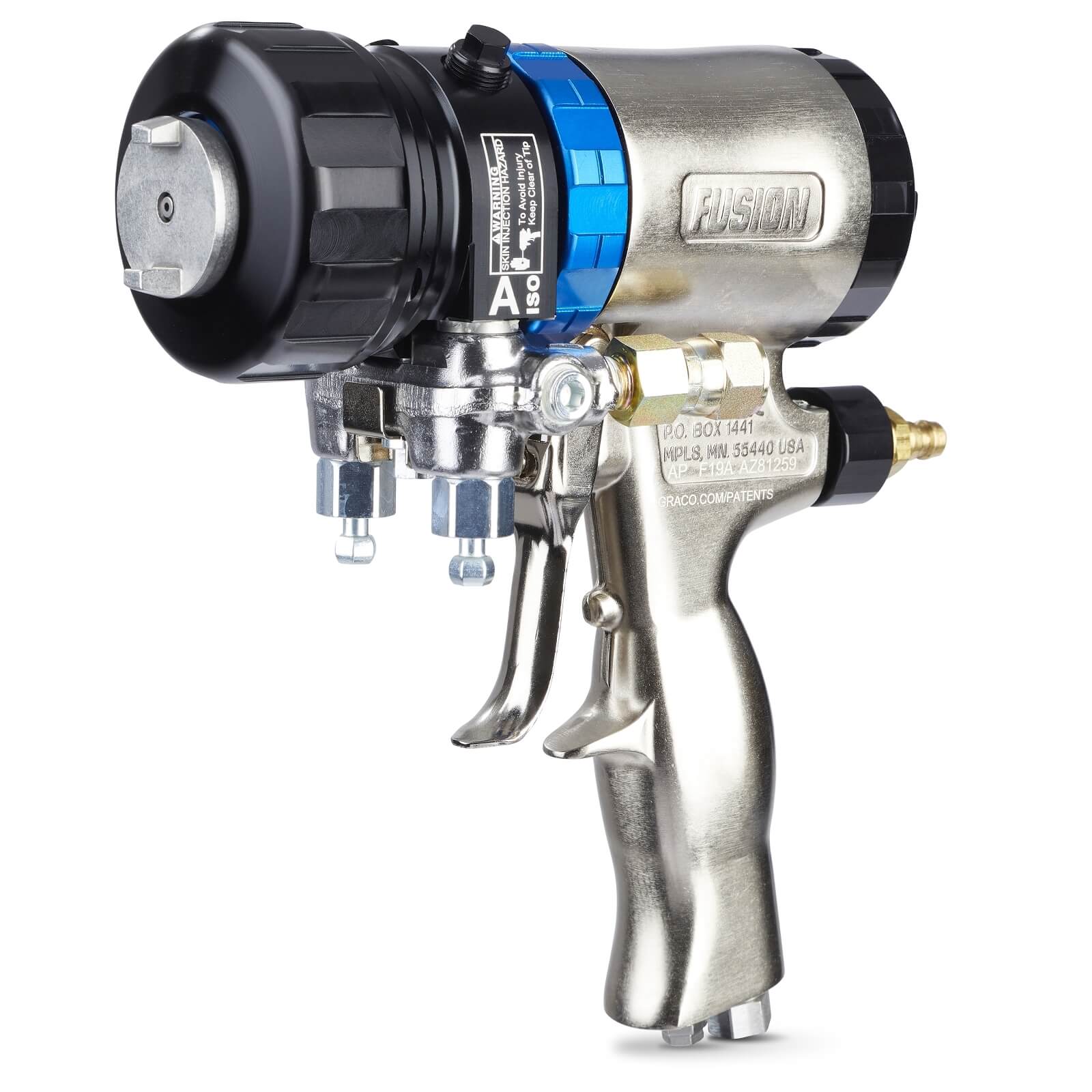 A silver, black and blue insulation gun (side view)