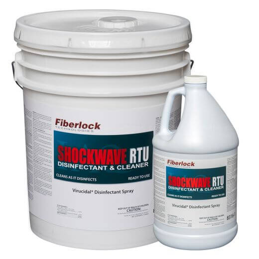 A bucket and container of Shockwave RTU disinfectant and cleaner.