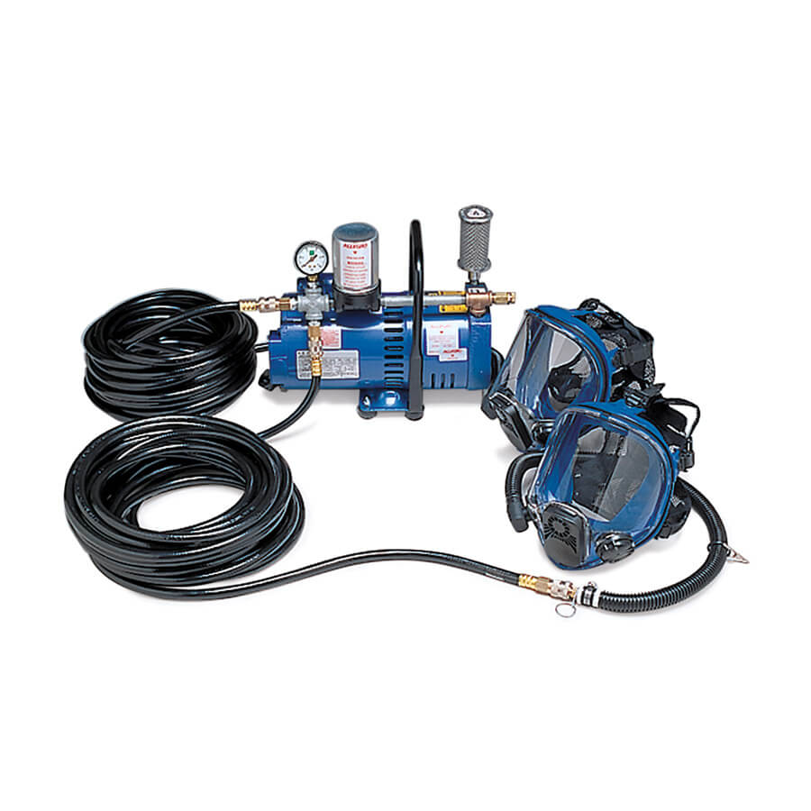 Supplied air system including air supplier, coiled hose and two full face masks