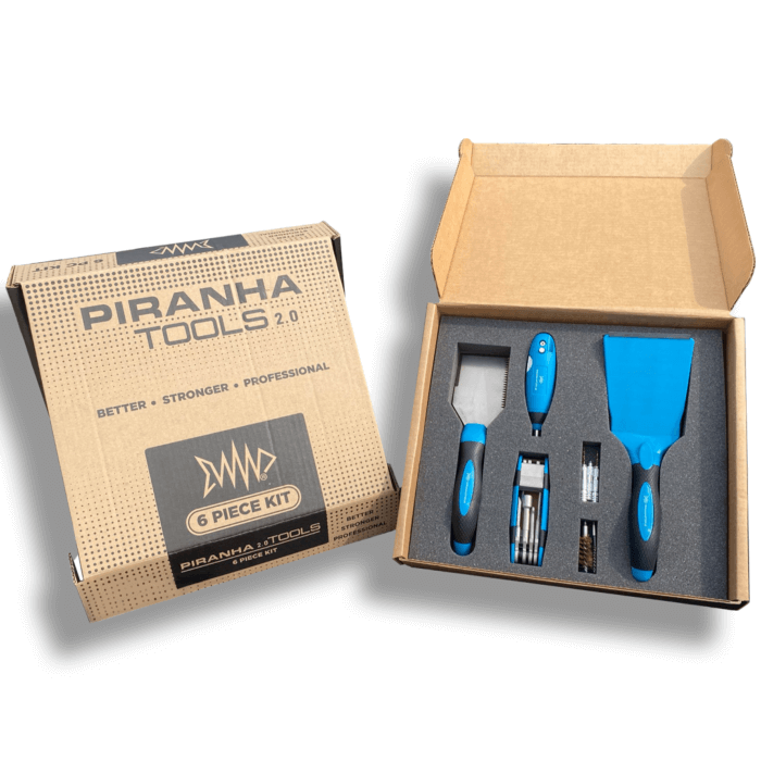 closed box of 6 piece piranha toolkit next to opened box of 6 piece piranha toolkit