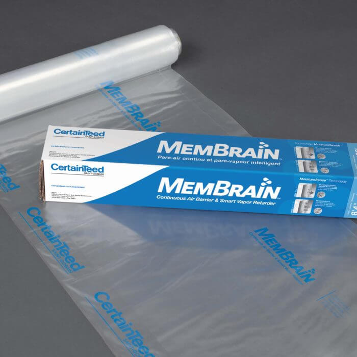A blue and white rectangular package and clear roll of MemBrain air barrier by CertainTeed.
