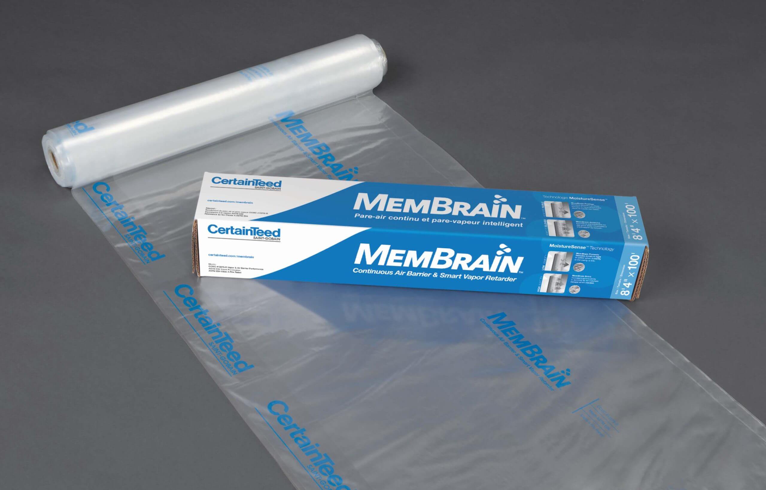 A blue and white rectangular package and clear roll of MemBrain air barrier by CertainTeed.