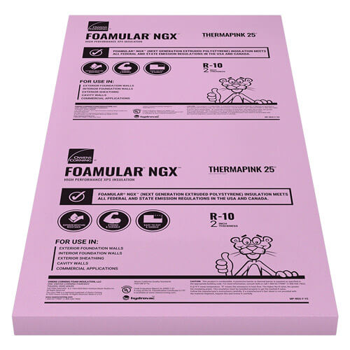 A pink piece of Foamular NGX Thermapink 25 by Owens Corning.