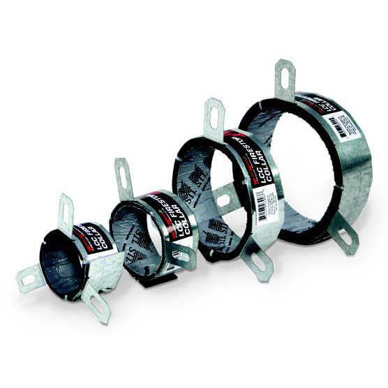 Series of 4 intumescent firestopping collars displayed from smallest to largest