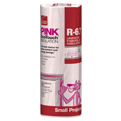 A roll of pink insulation by Owens Corning.