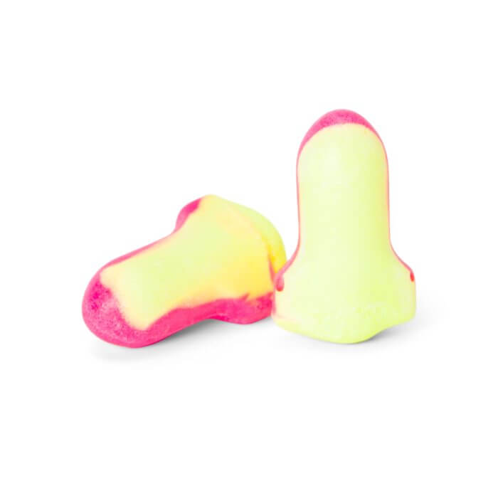 Pink and yellow ear plugs.