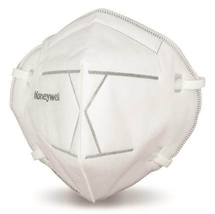 A white, disposable Honeywell face mask to go over the nose and mouth.