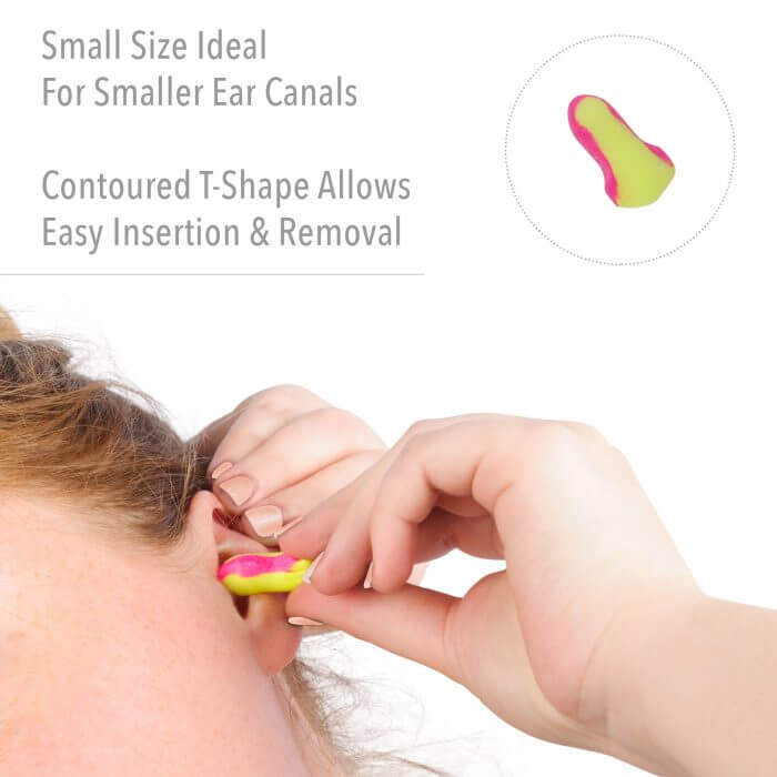 person inserting small ear plug into ear