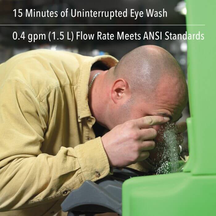 Man rinsing out his eyes in emergency eye wash machine