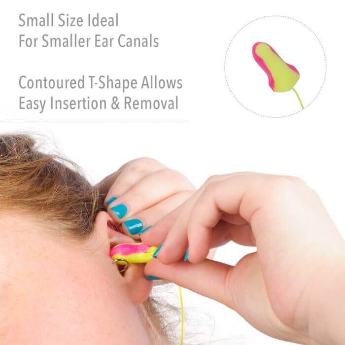 Person inserting corded ear plug into ear