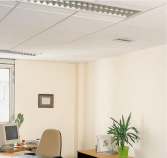 Zoomed out photograph of office space with neutral decor