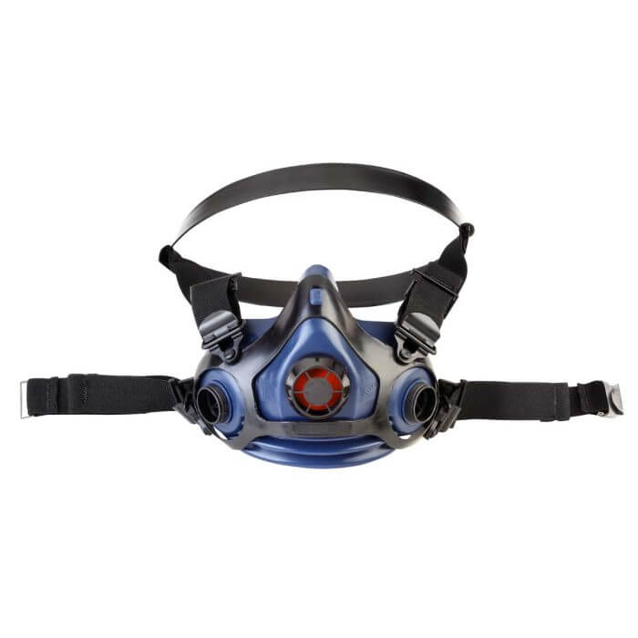 A blue and black respirator mask.