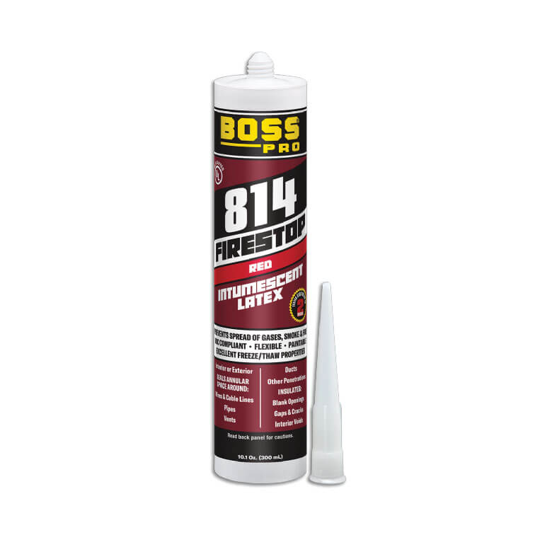 A tube of BOSS814 Firestop Red with 10.1 Oz of product